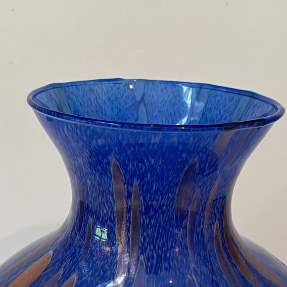 Maestri Vetrai Blown Glass Vase Made In Murano Italy Deep Blue Speckled Copper - Picture 11 of 15